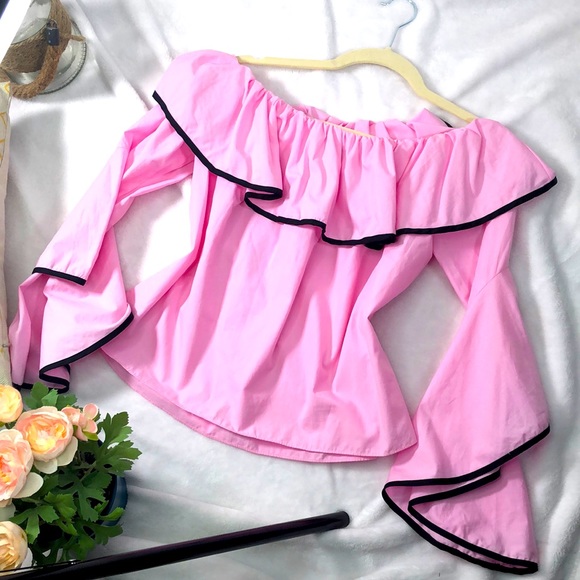 Zara pink off shoulder top with black trim - Picture 1 of 8